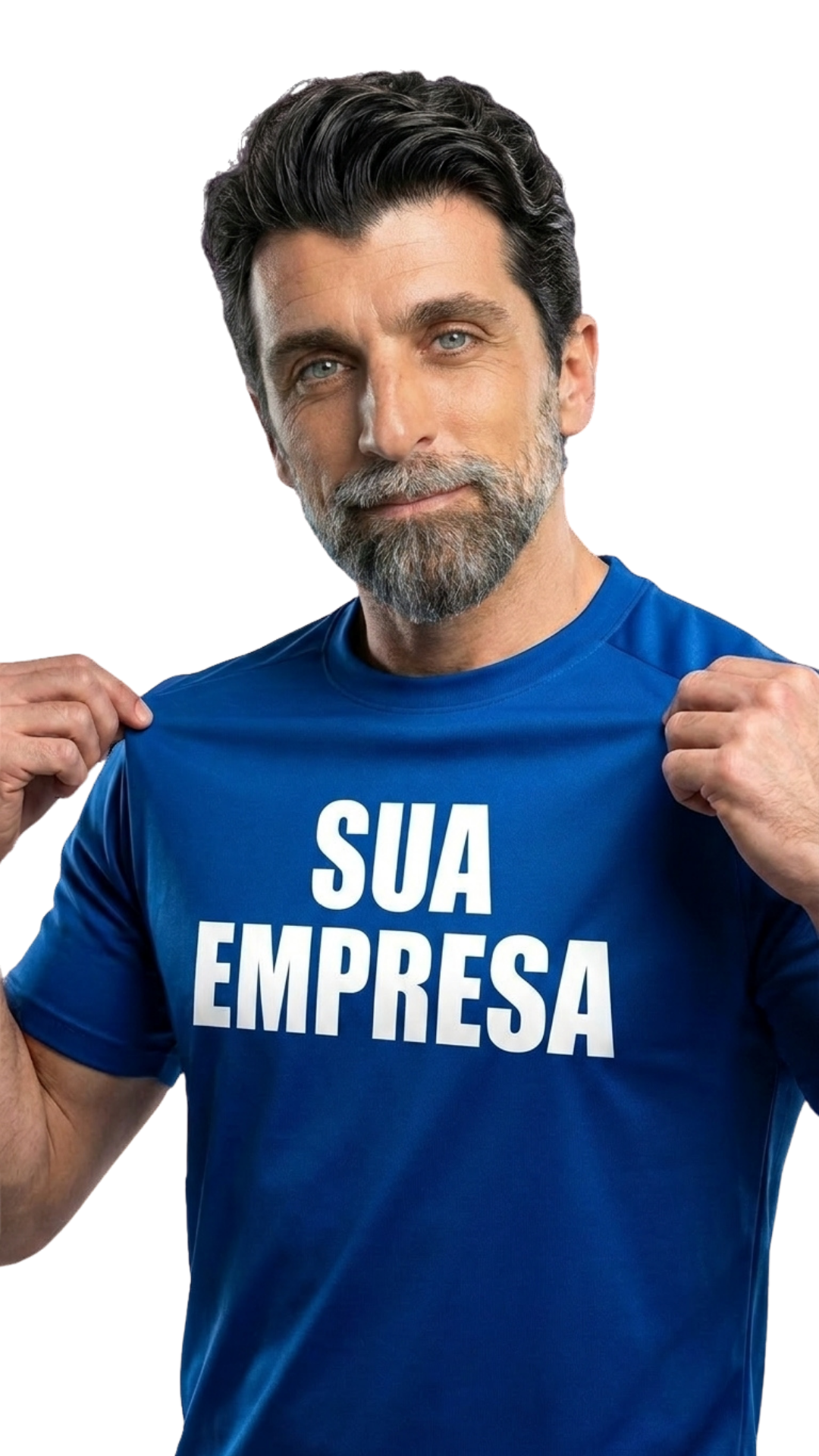 Denis veste a camisa da sua empresa